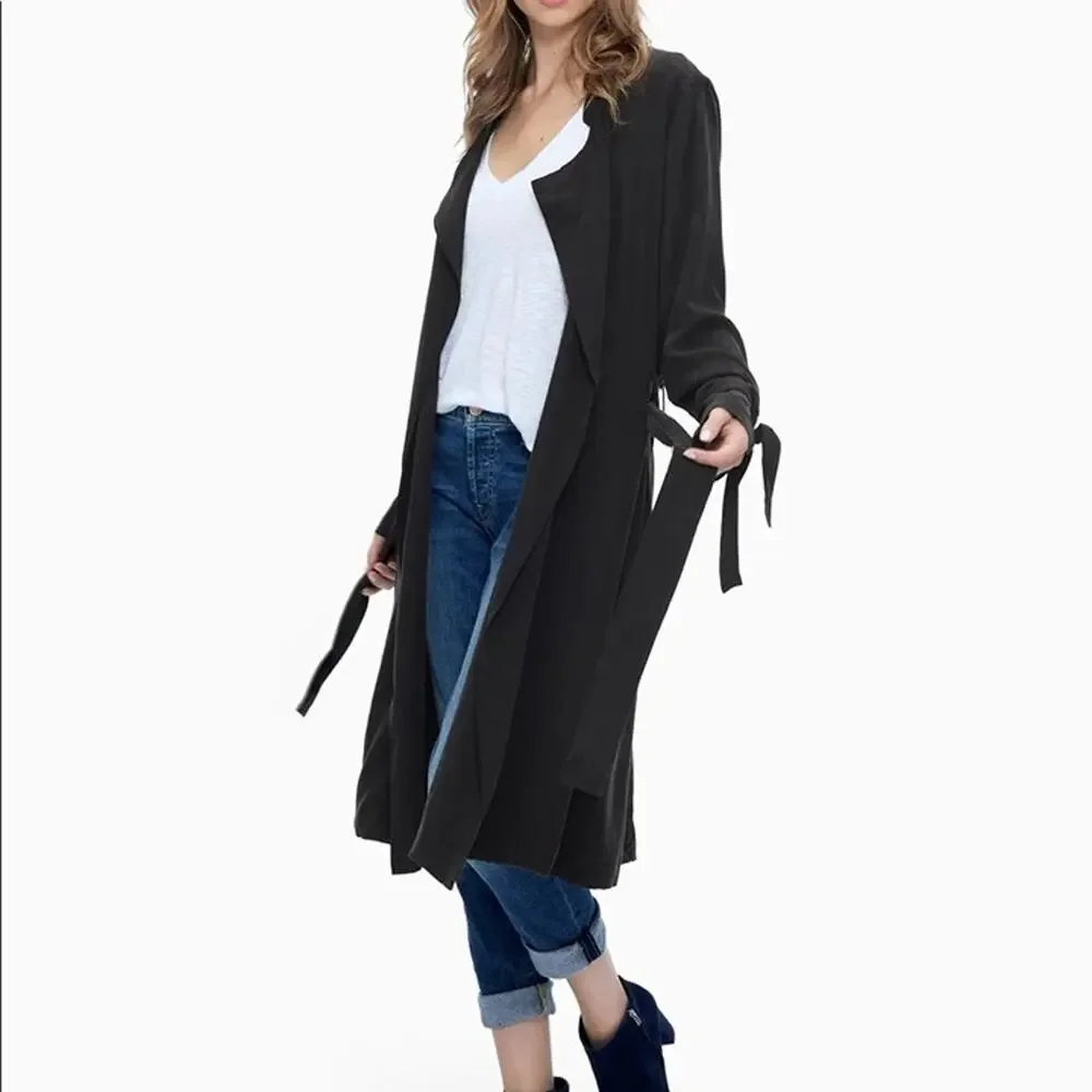 Splendid Sandwash Twill Drape Trench Coat. Black. Knee length.  Tie waist - Picture 2 of 12
